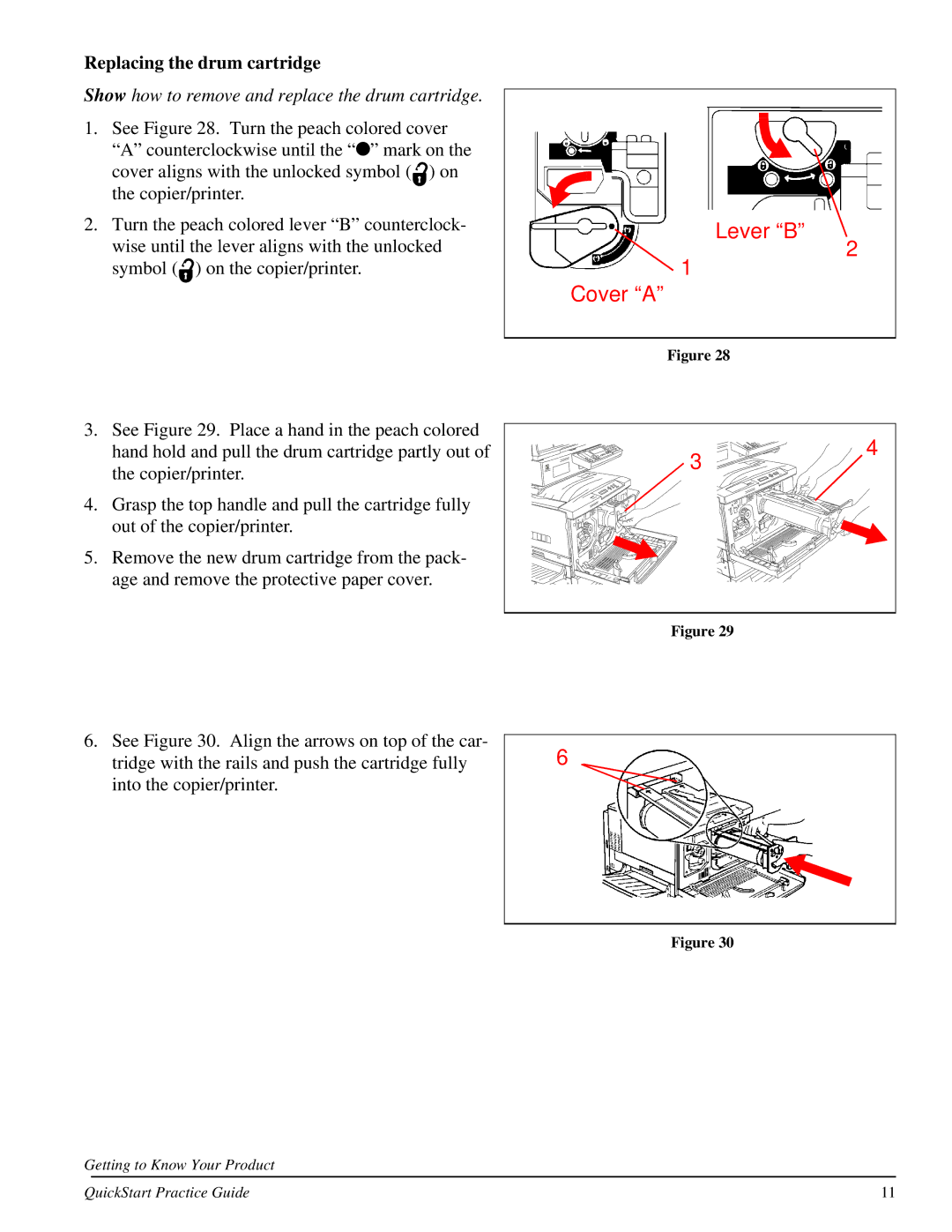 Xerox 701P31131 quick start Replacing the drum cartridge, Show how to remove and replace the drum cartridge 