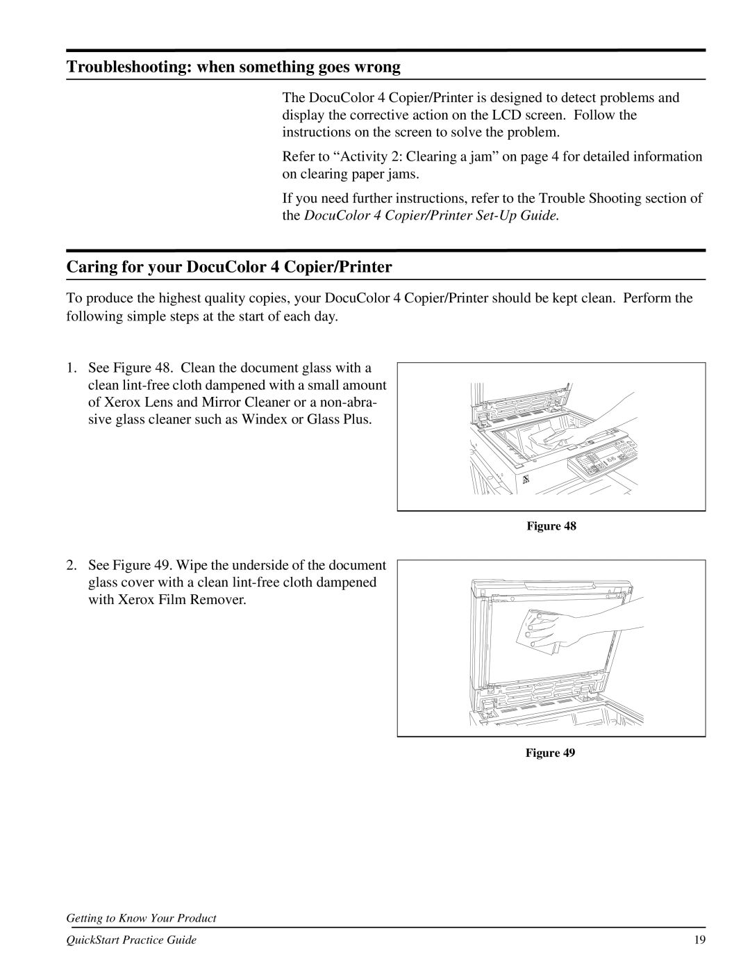 Xerox 701P31131 quick start Troubleshooting when something goes wrong, Caring for your DocuColor 4 Copier/Printer 