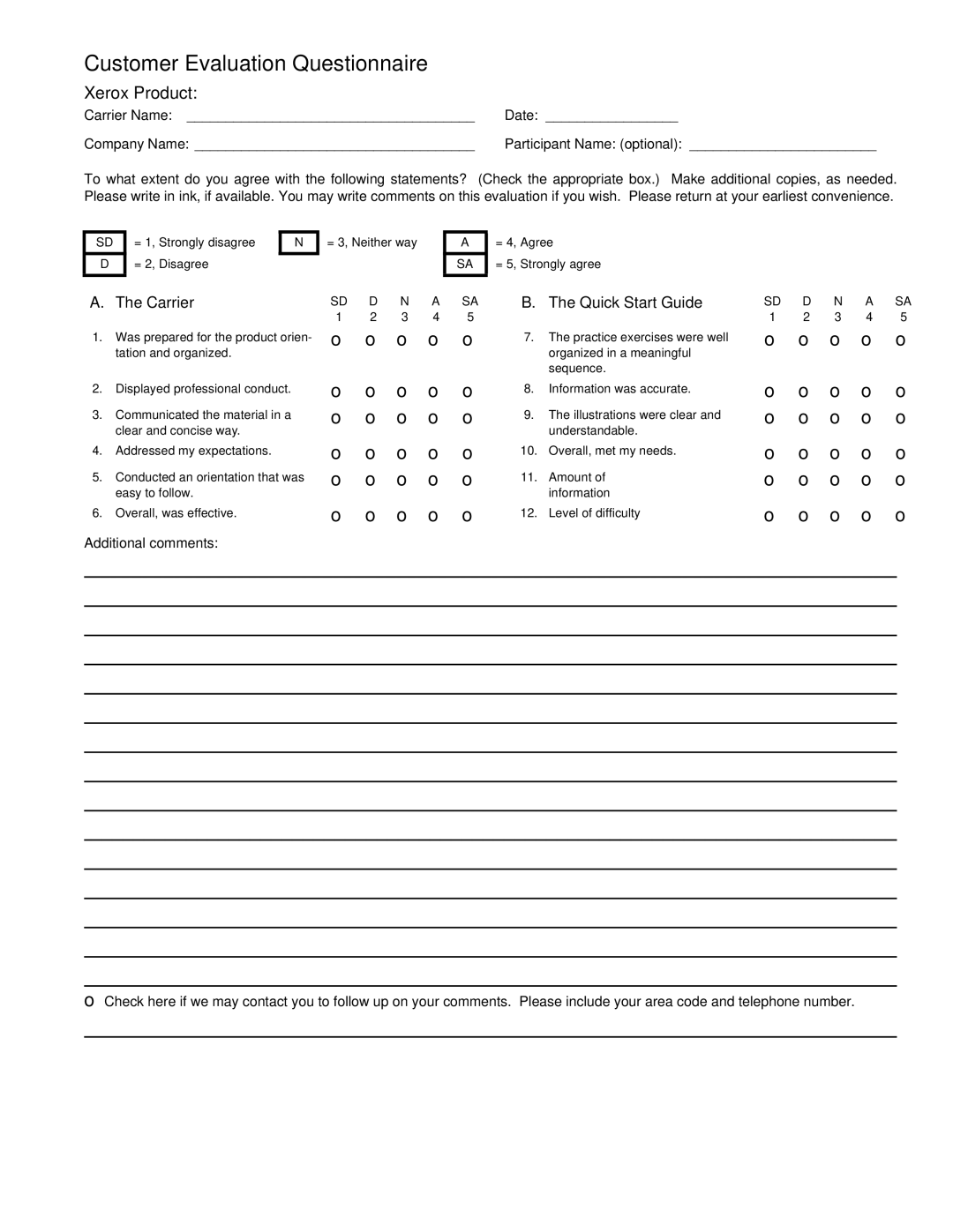 Xerox 701P31131 quick start Customer Evaluation Questionnaire 