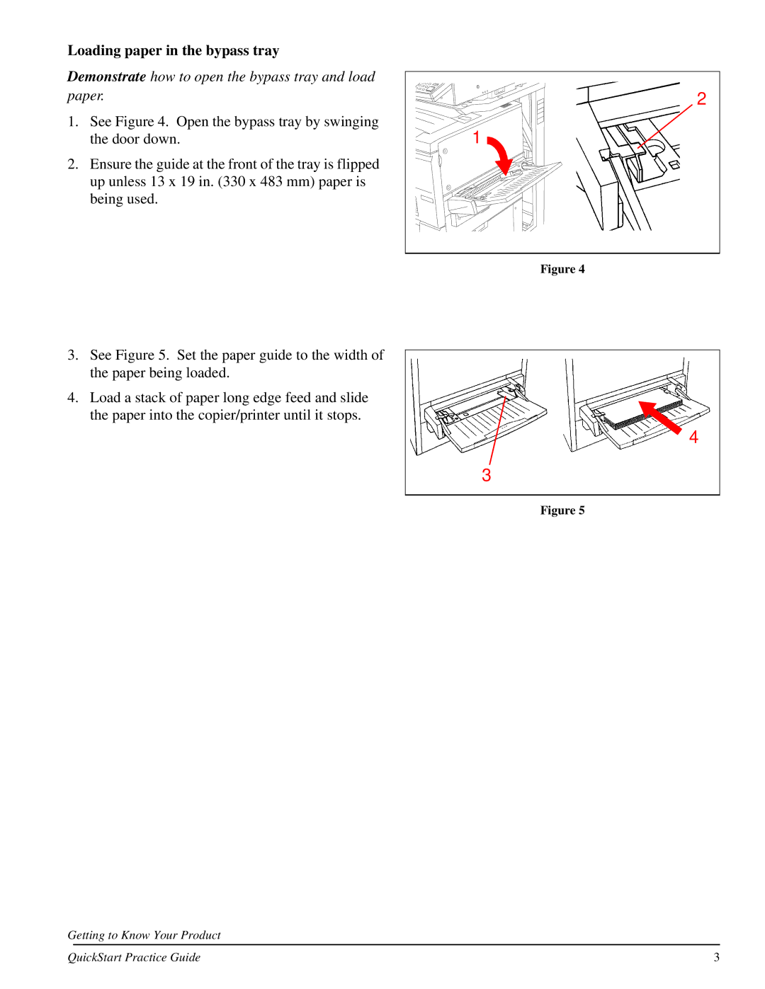 Xerox 701P31131 quick start Loading paper in the bypass tray, Demonstrate how to open the bypass tray and load paper 