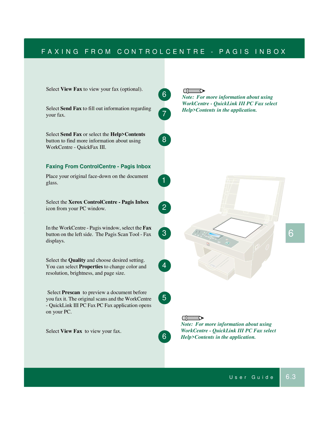 Xerox 701P35371 manual X I N G F R O M C O N T R O L C E N T R E P a G I S I N B O, Faxing From ControlCentre Pagis Inbox 