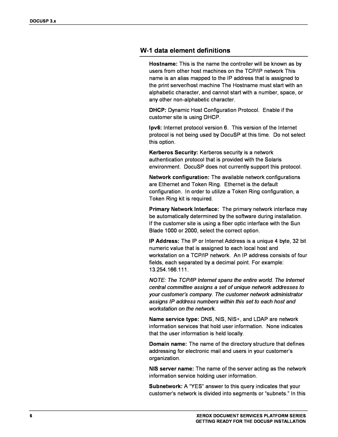 Xerox 701P38969 manual W-1data element definitions, Docusp, Xerox Document Services Platform Series 
