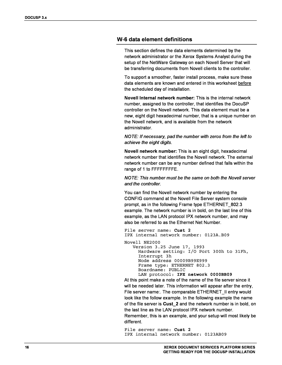 Xerox 701P38969 manual W-6data element definitions, LAN protocol: IPX network 0000BB09 