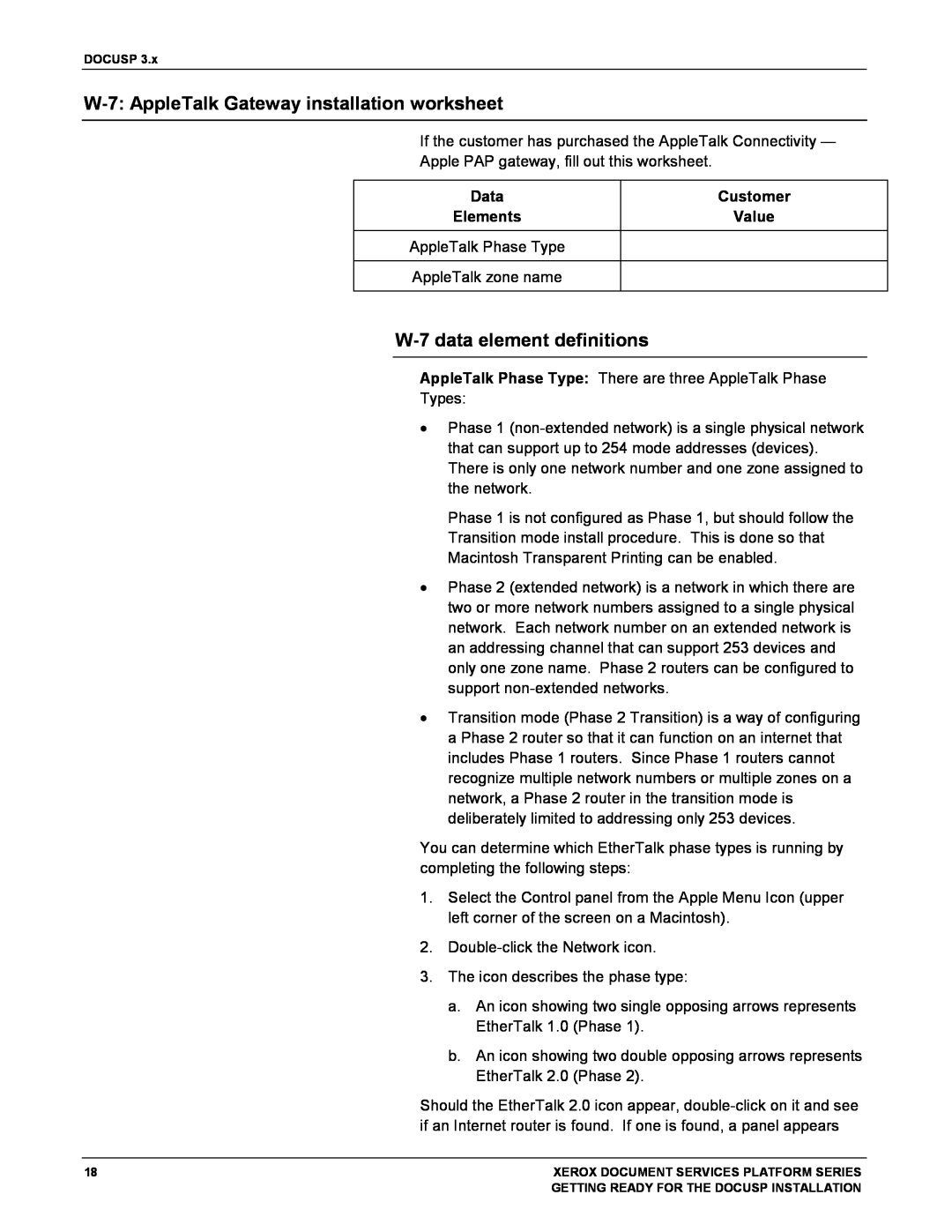 Xerox 701P38969 manual W-7:AppleTalk Gateway installation worksheet, W-7data element definitions, Data, Customer, Elements 