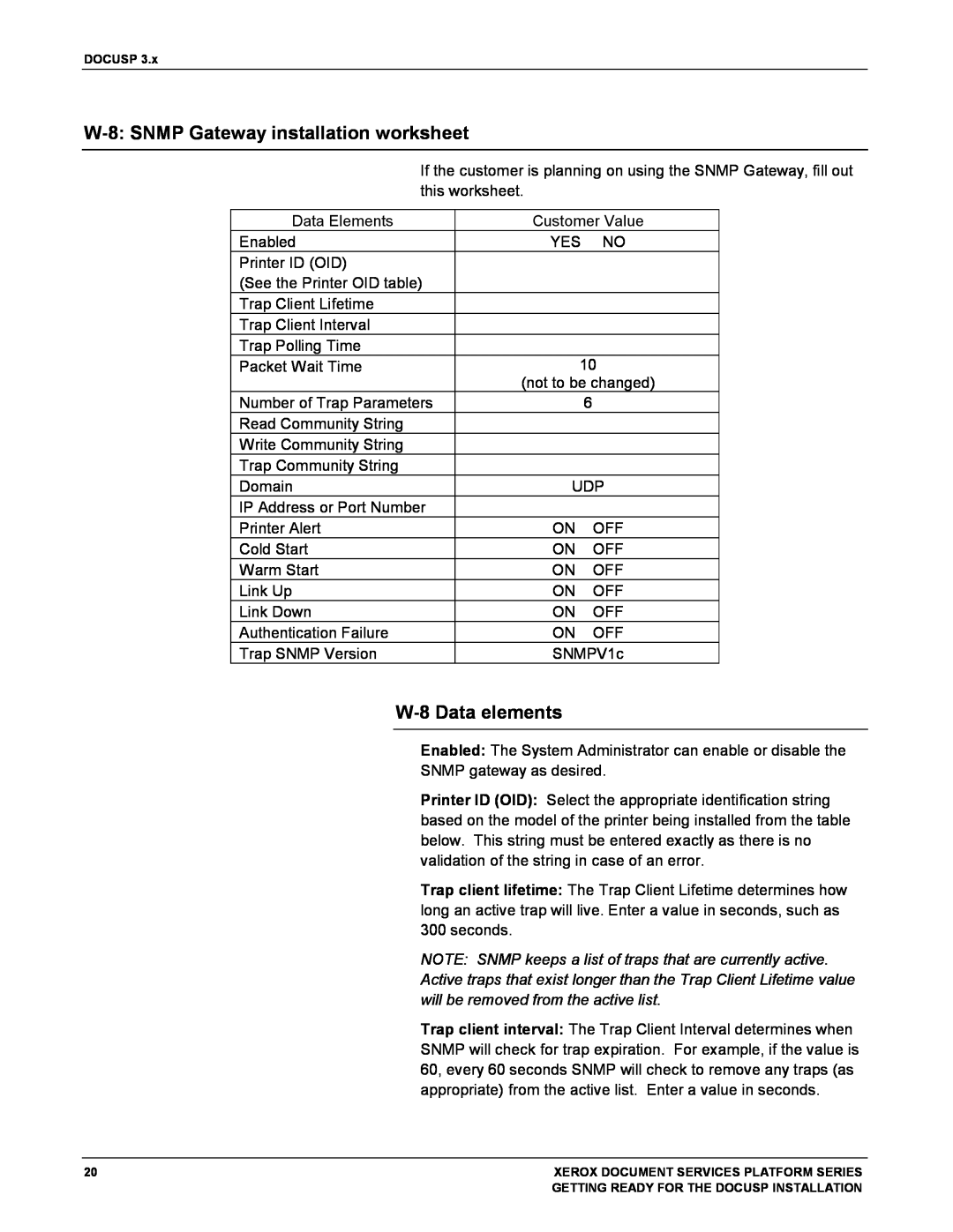 Xerox 701P38969 manual W-8:SNMP Gateway installation worksheet, W-8Data elements 
