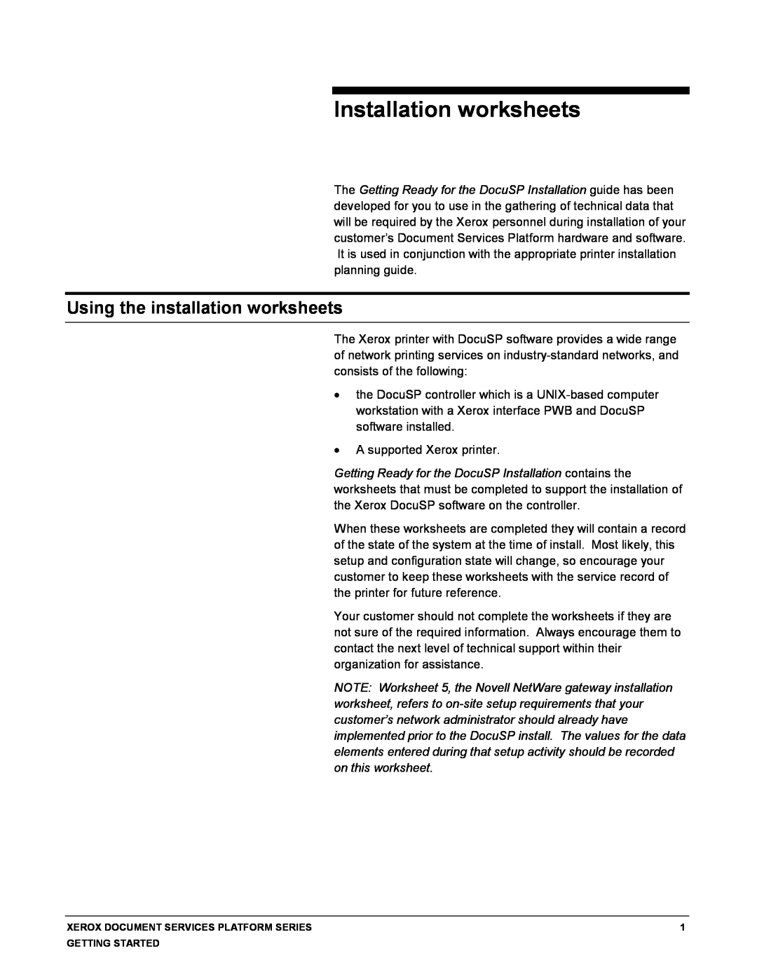 Xerox 701P38969 manual Installation worksheets, Using the installation worksheets 