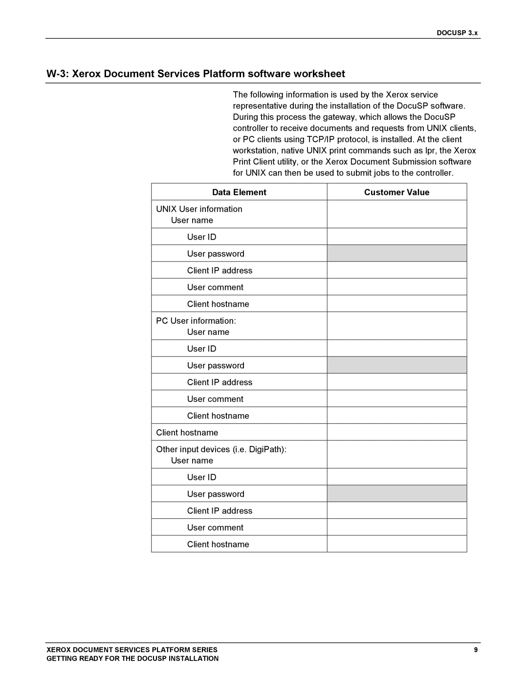 Xerox 701P38969 manual Xerox Document Services Platform software worksheet 