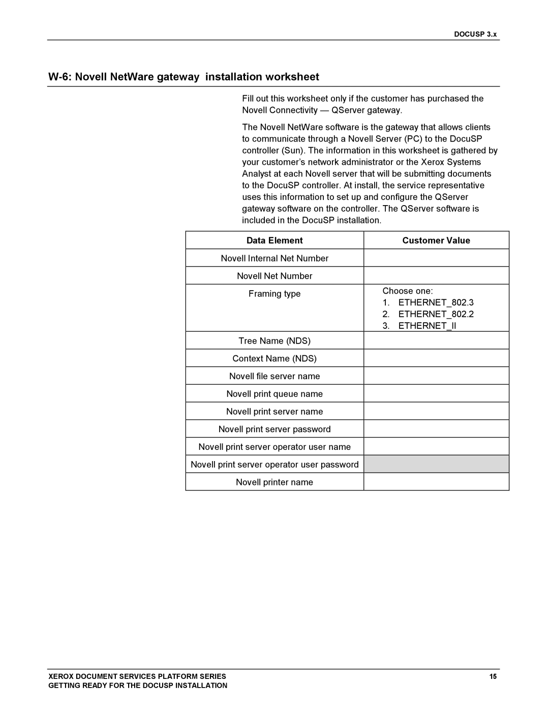 Xerox 701P38969 manual Novell NetWare gateway installation worksheet, ETHERNET802.2 