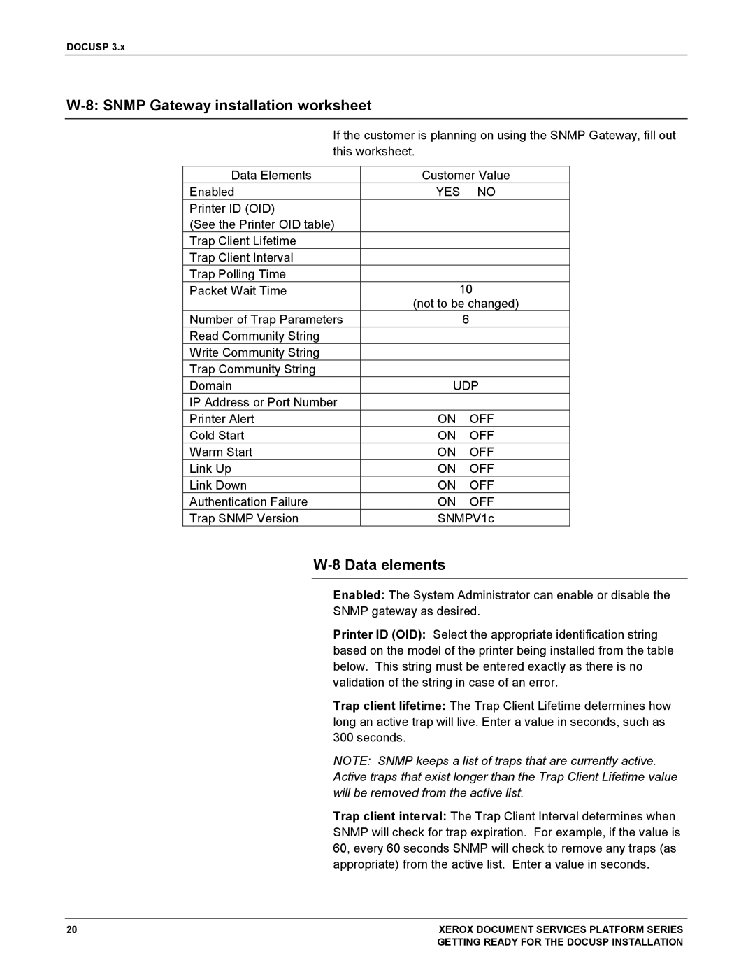 Xerox 701P38969 manual Snmp Gateway installation worksheet, Data elements 