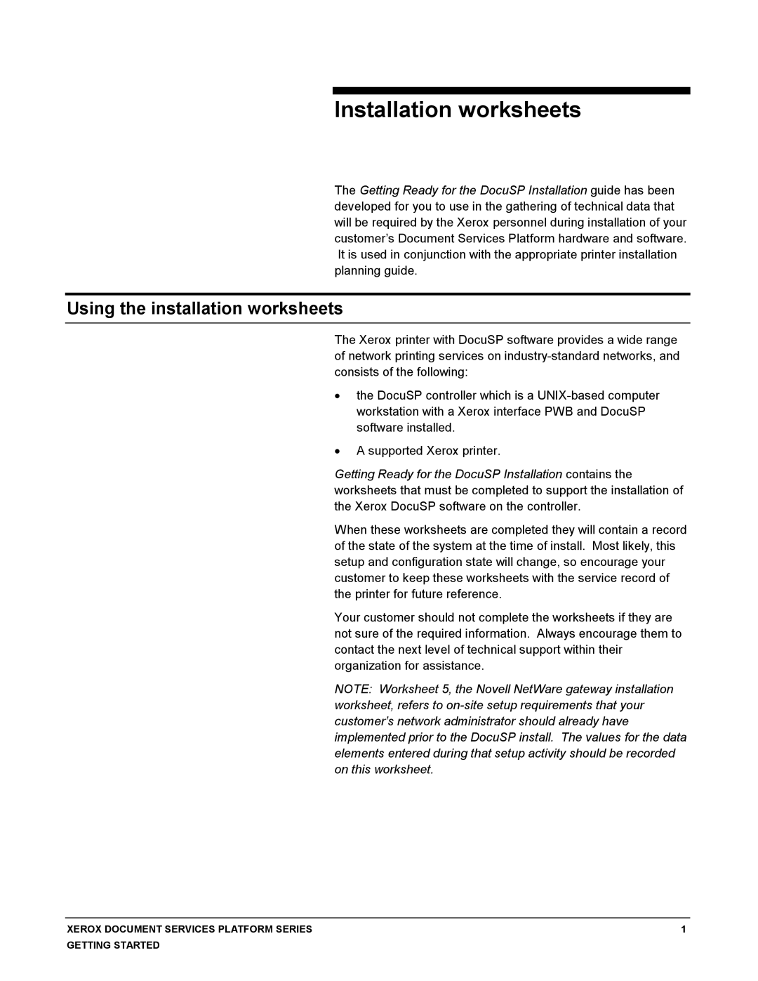 Xerox 701P38969 manual Installation worksheets 