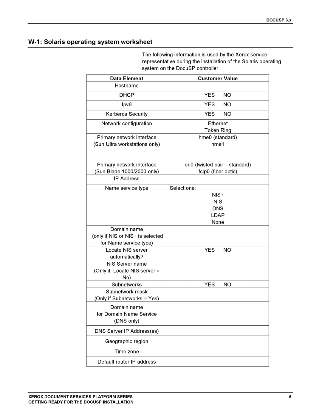 Xerox 701P38969 manual Solaris operating system worksheet, Data Element Customer Value 