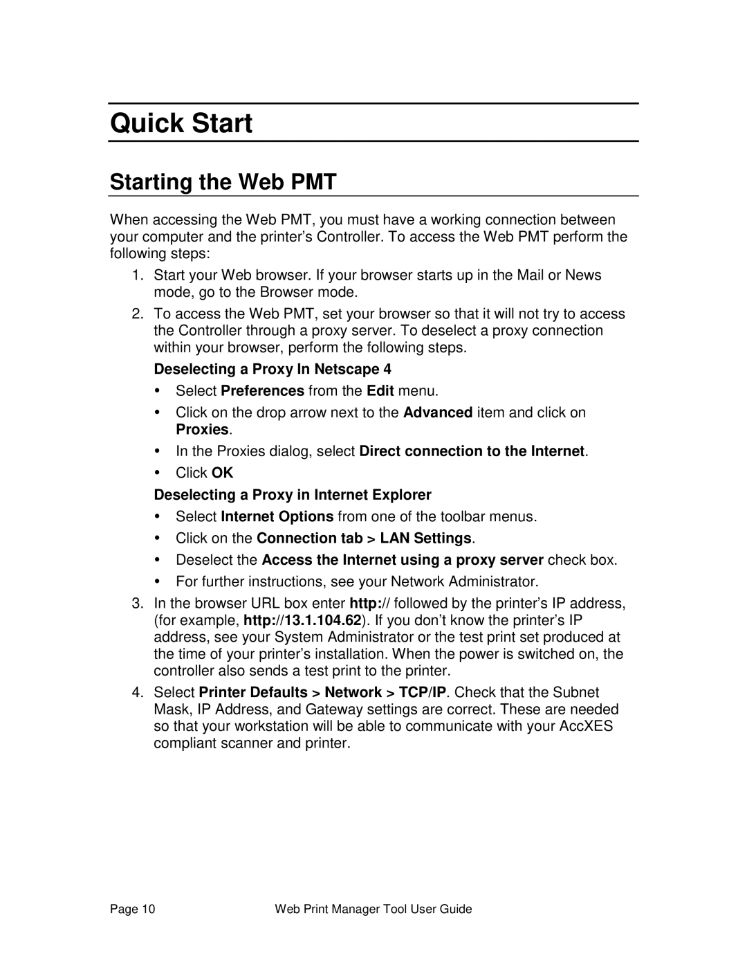 Xerox 701P39116 manual Quick Start, Starting the Web PMT, Deselecting a Proxy In Netscape 