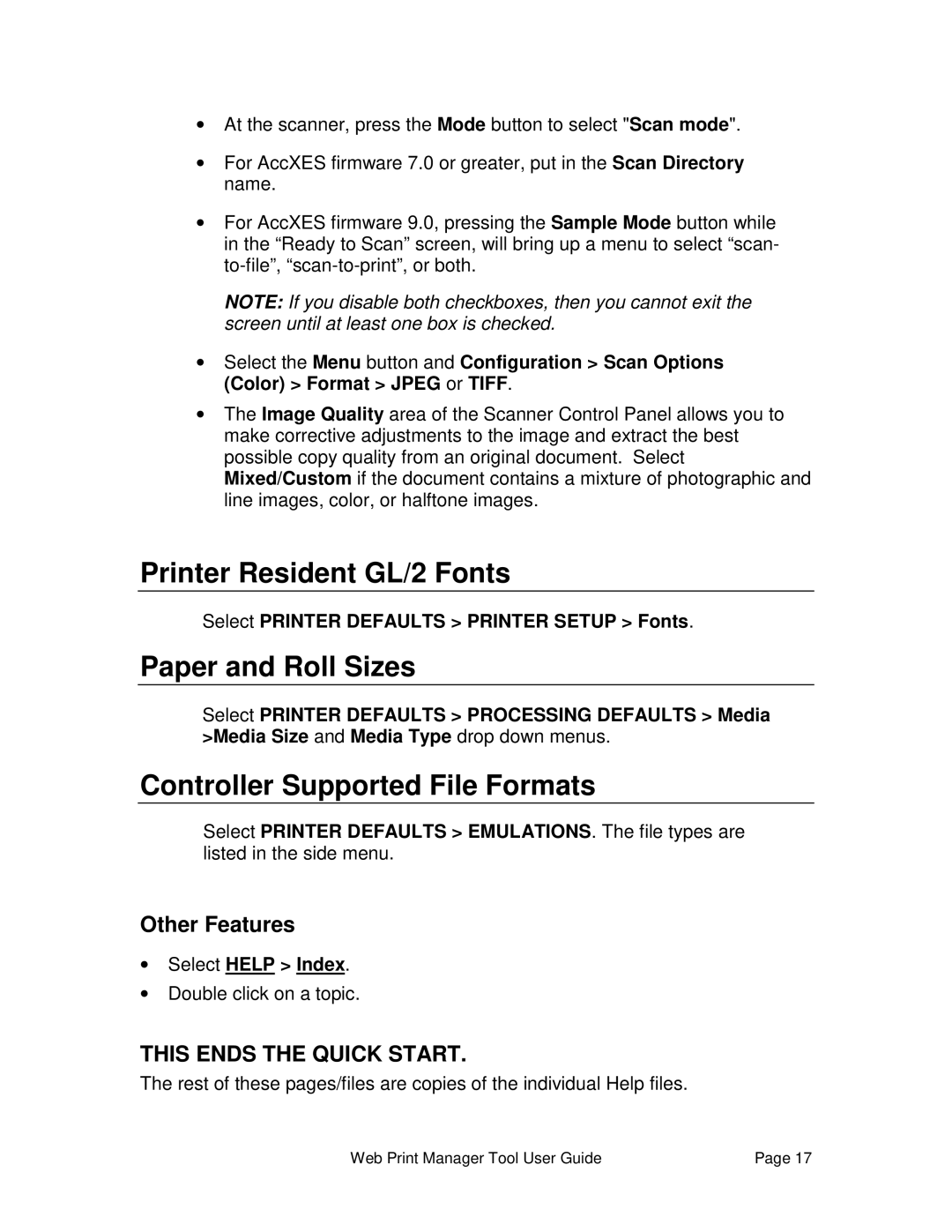 Xerox 701P39116 Printer Resident GL/2 Fonts, Paper and Roll Sizes, Controller Supported File Formats, Select Help Index 