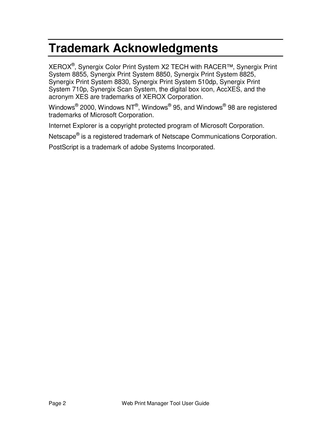 Xerox 701P39116 manual Trademark Acknowledgments 