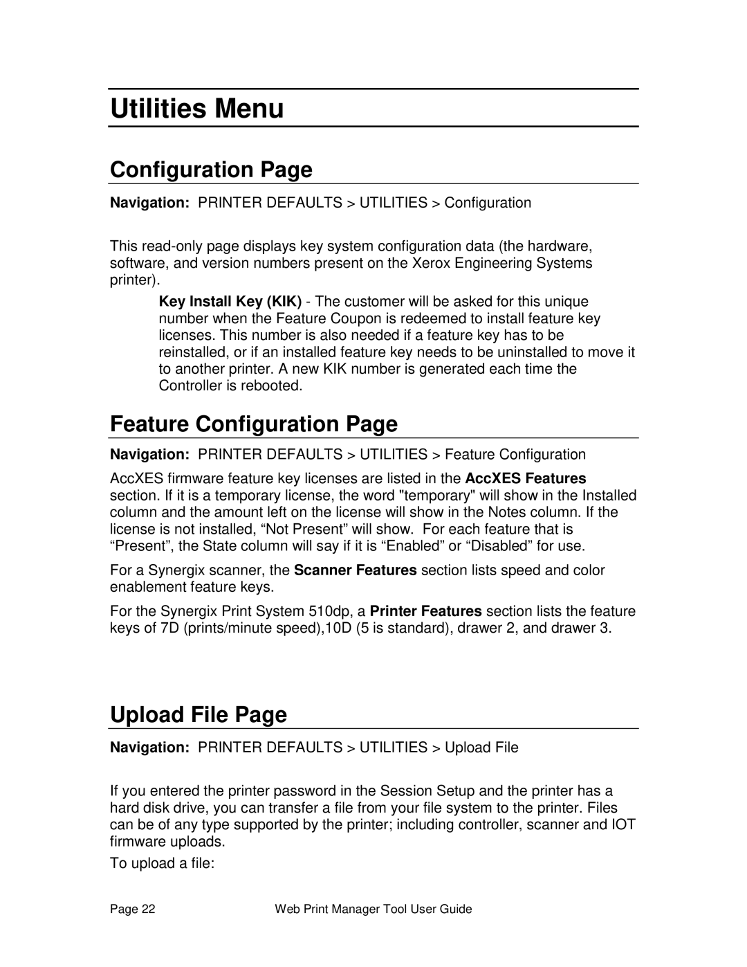 Xerox 701P39116 manual Utilities Menu, Feature Configuration, Upload File 