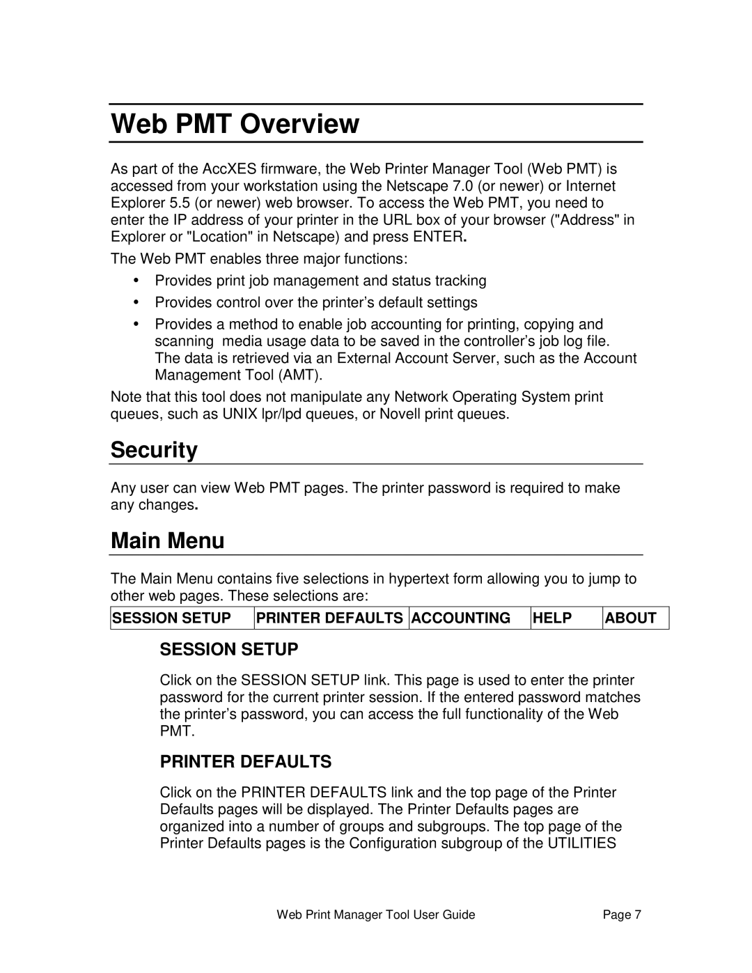 Xerox 701P39116 manual Web PMT Overview, Security, Main Menu 