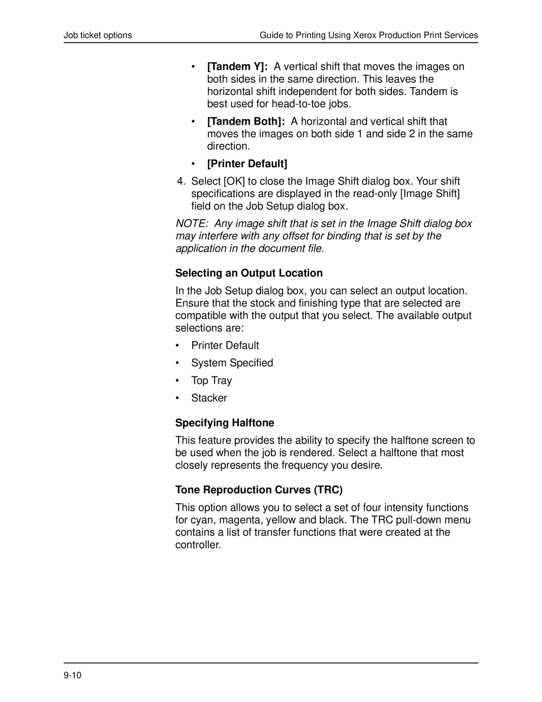 Xerox 701P40016 manual Selecting an Output Location, Tone Reproduction Curves TRC 