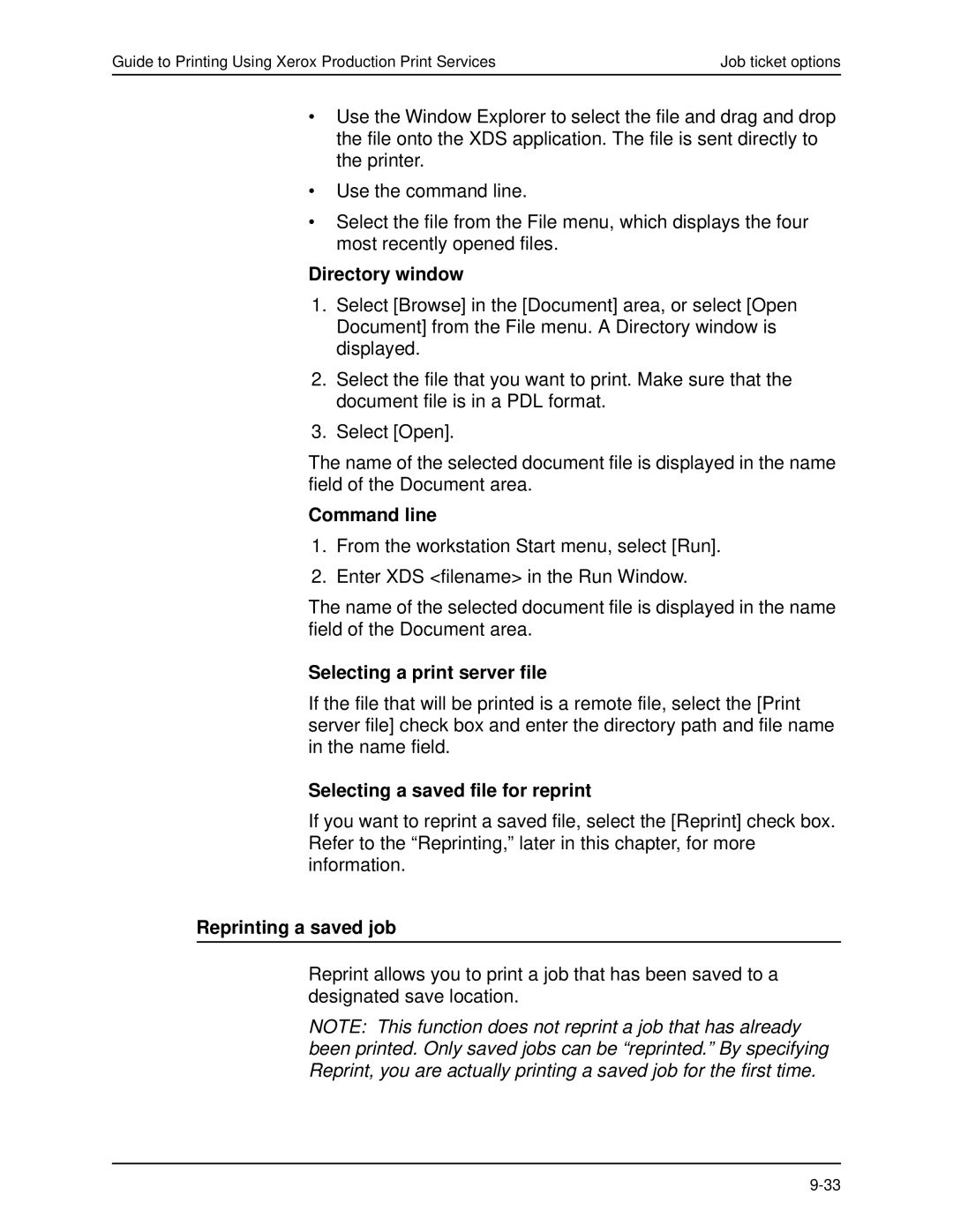 Xerox 701P40016 manual Directory window, Command line, Selecting a print server file, Selecting a saved file for reprint 