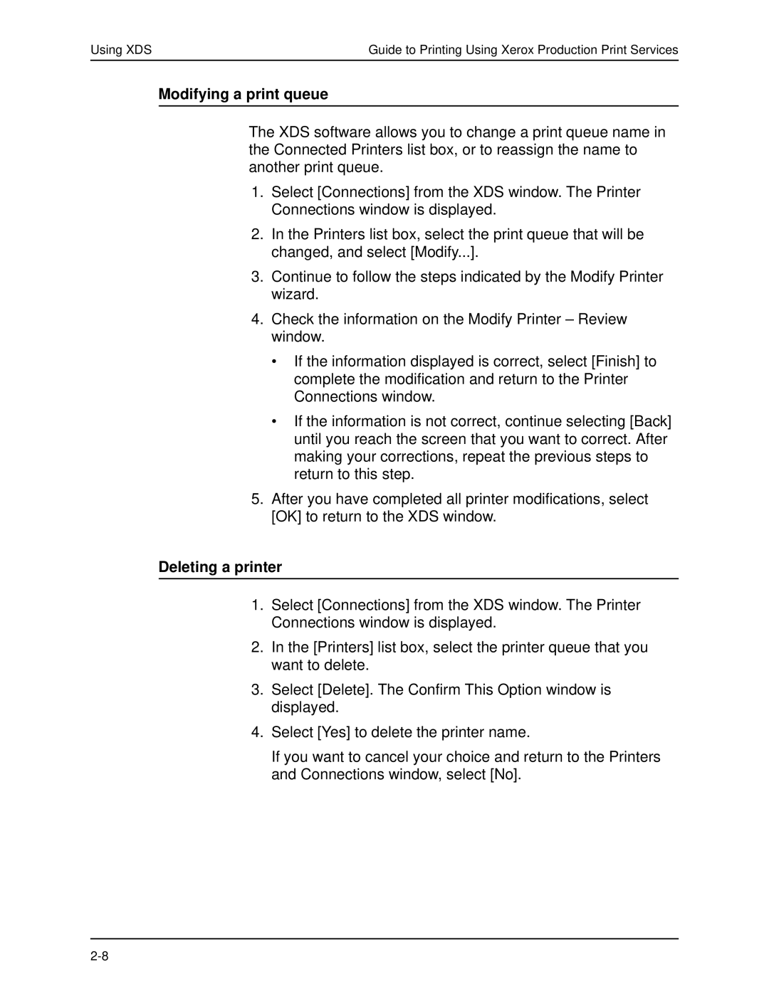 Xerox 701P40016 manual Modifying a print queue, Deleting a printer 