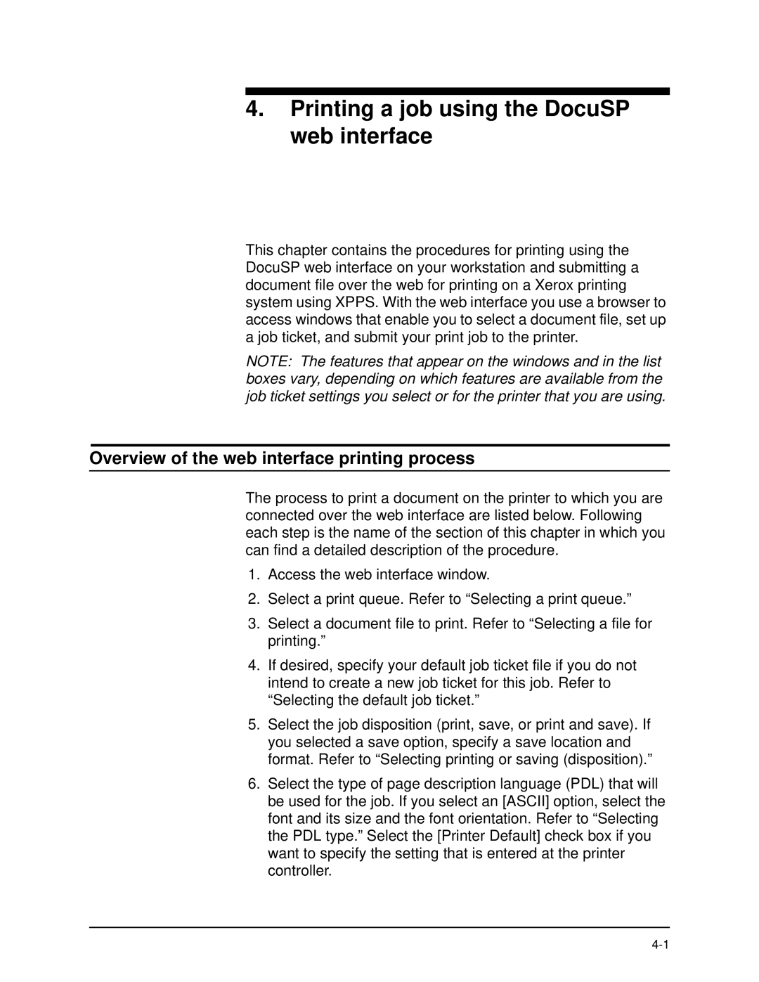 Xerox 701P40016 manual Printing a job using the DocuSP web interface, Overview of the web interface printing process 