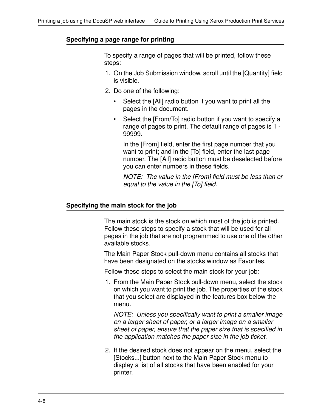 Xerox 701P40016 manual Specifying a page range for printing, Specifying the main stock for the job 