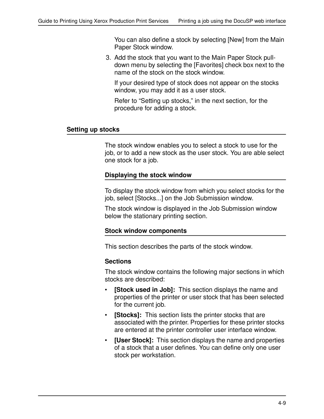 Xerox 701P40016 manual Setting up stocks, Displaying the stock window, Stock window components, Sections 