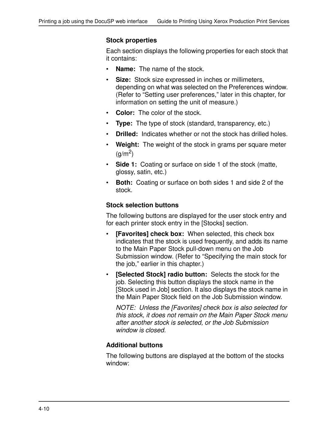 Xerox 701P40016 manual Stock properties, Stock selection buttons 