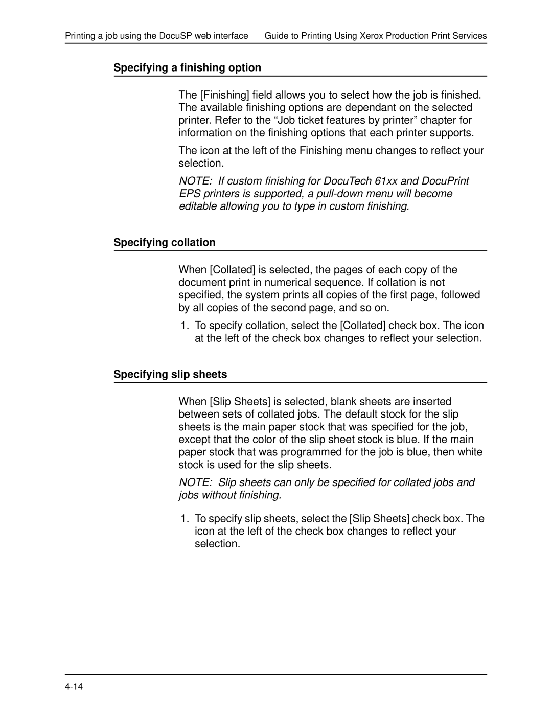 Xerox 701P40016 manual Specifying a finishing option, Specifying collation, Specifying slip sheets 