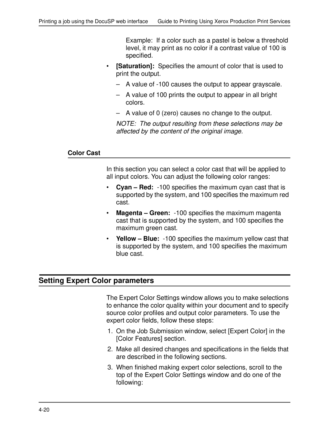 Xerox 701P40016 manual Setting Expert Color parameters, Color Cast 