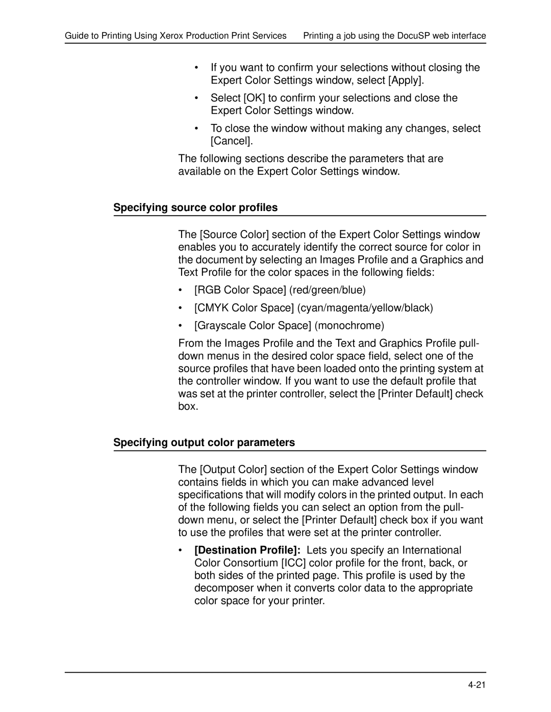 Xerox 701P40016 manual Specifying source color profiles, Specifying output color parameters 