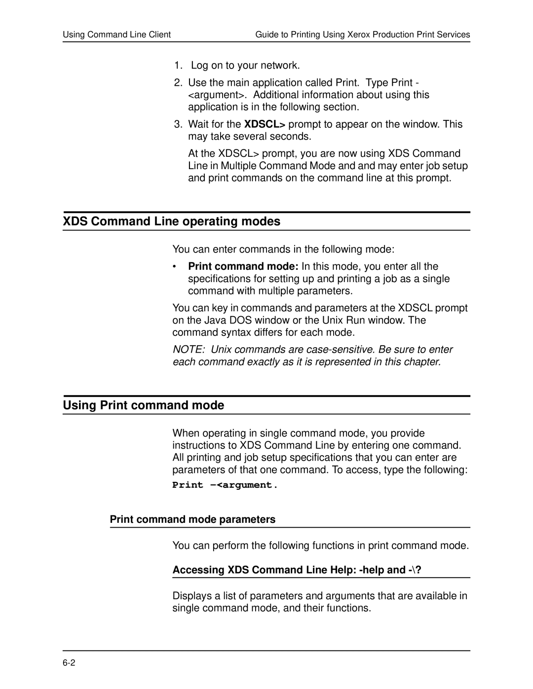 Xerox 701P40016 manual XDS Command Line operating modes, Using Print command mode, Print command mode parameters 