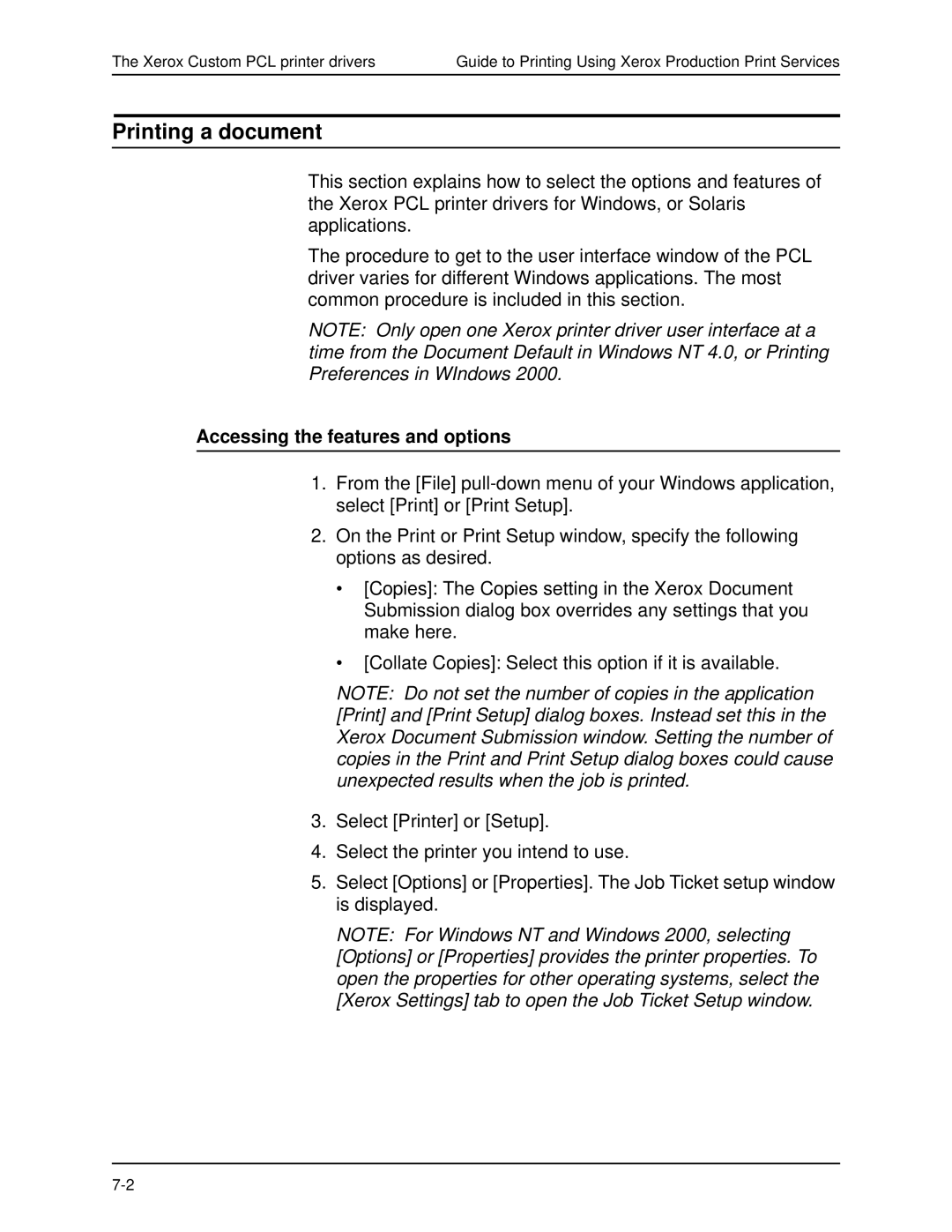 Xerox 701P40016 manual Printing a document, Accessing the features and options 