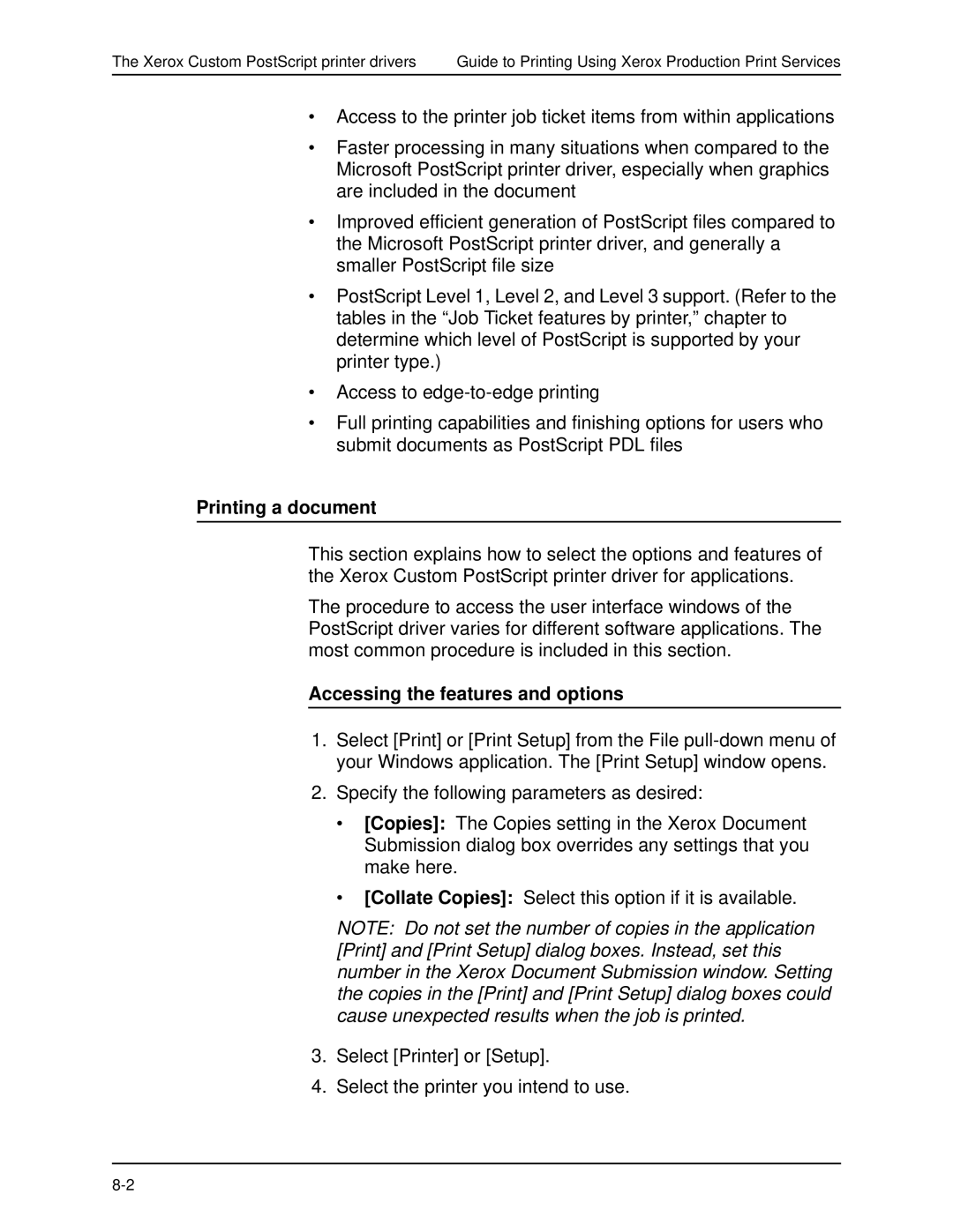 Xerox 701P40016 manual Printing a document, Accessing the features and options 