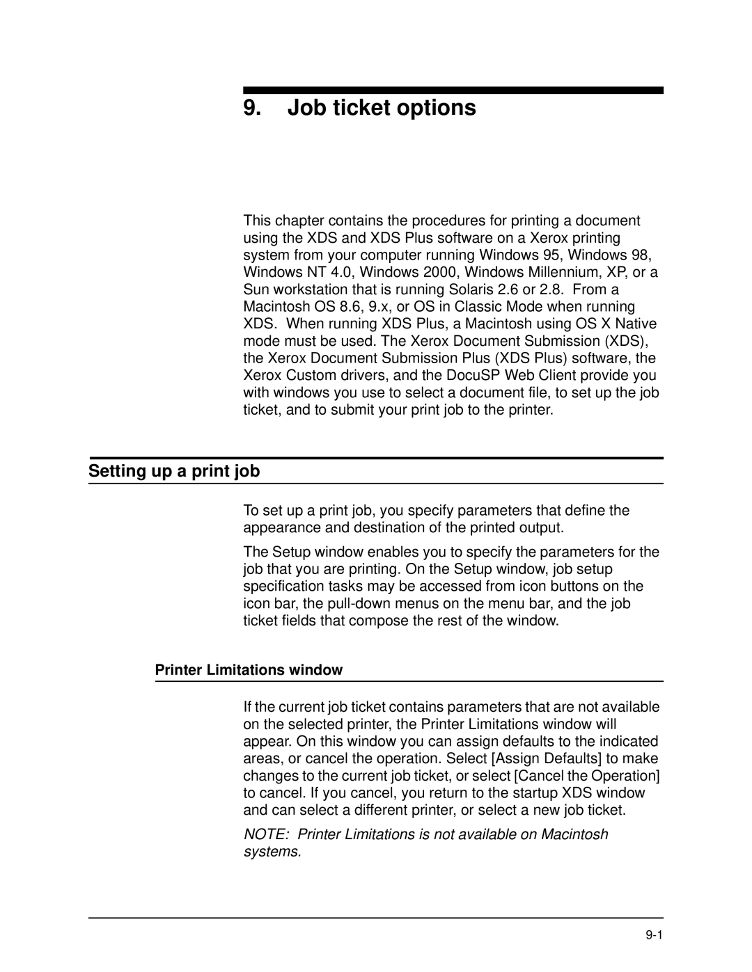 Xerox 701P40016 manual Job ticket options, Printer Limitations window 