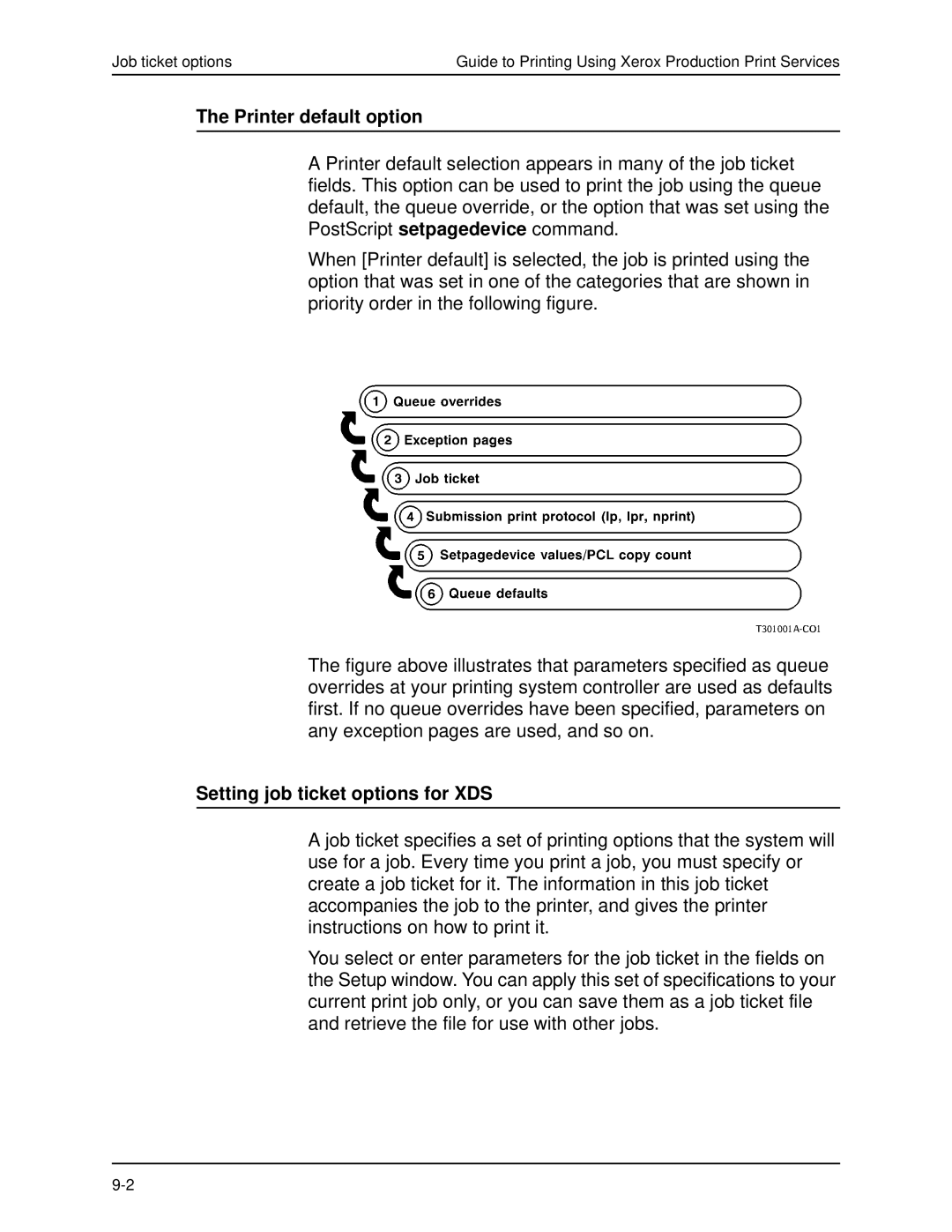 Xerox 701P40016 manual Printer default option, Setting job ticket options for XDS 