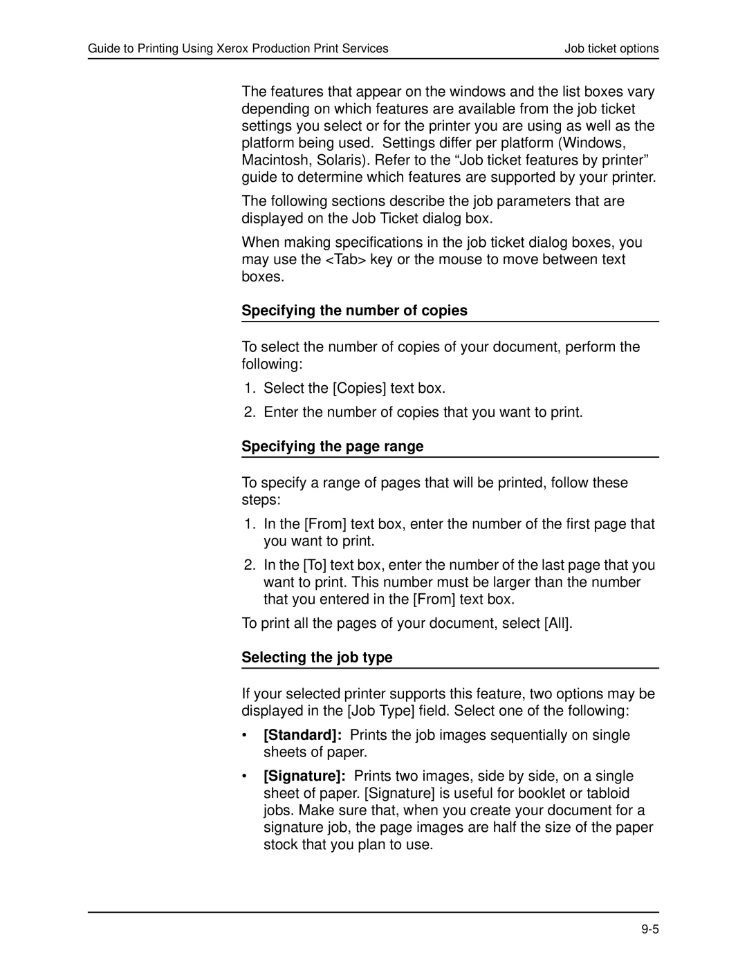 Xerox 701P40016 manual Specifying the page range, Selecting the job type 