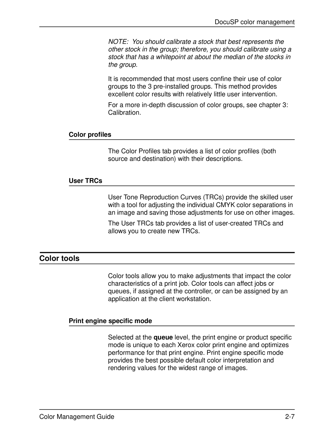 Xerox 701P40210 manual Color tools, Color profiles, User TRCs, Print engine specific mode 