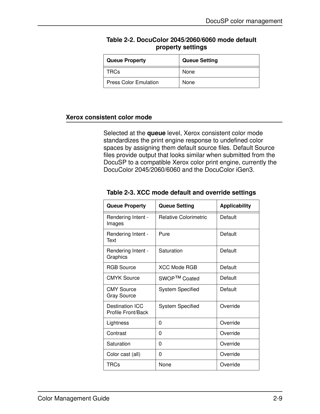 Xerox 701P40210 manual Xerox consistent color mode, XCC mode default and override settings 