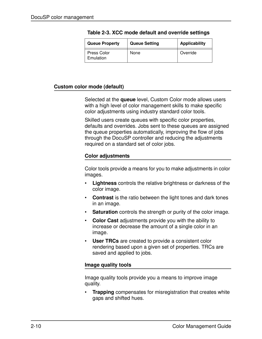 Xerox 701P40210 manual Custom color mode default, Color adjustments, Image quality tools 