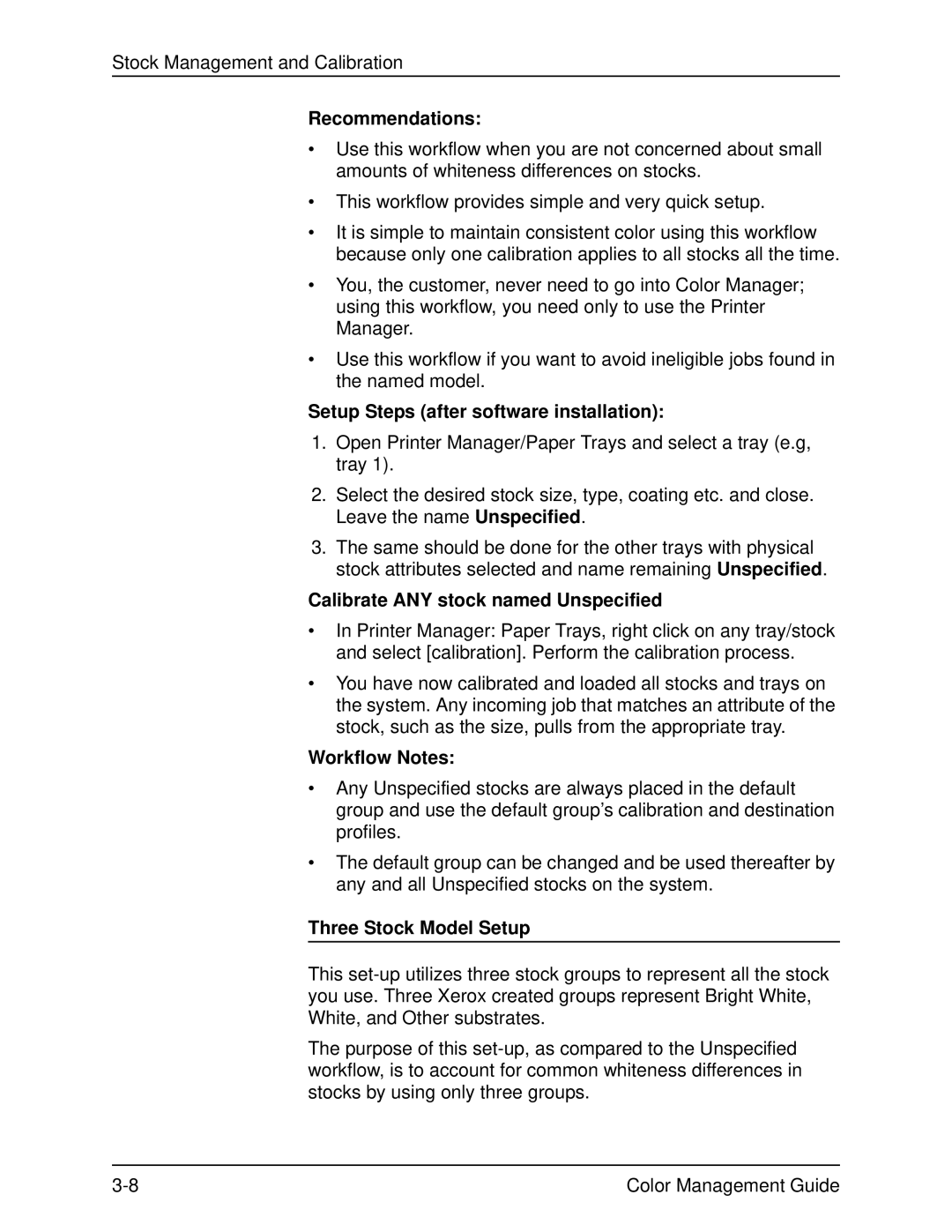 Xerox 701P40210 manual Recommendations, Setup Steps after software installation, Calibrate ANY stock named Unspecified 