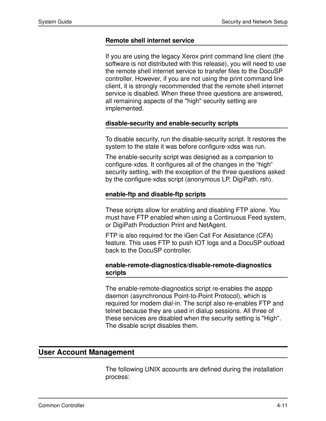 Xerox 701P40211 manual User Account Management, Remote shell internet service, Disable-security and enable-security scripts 