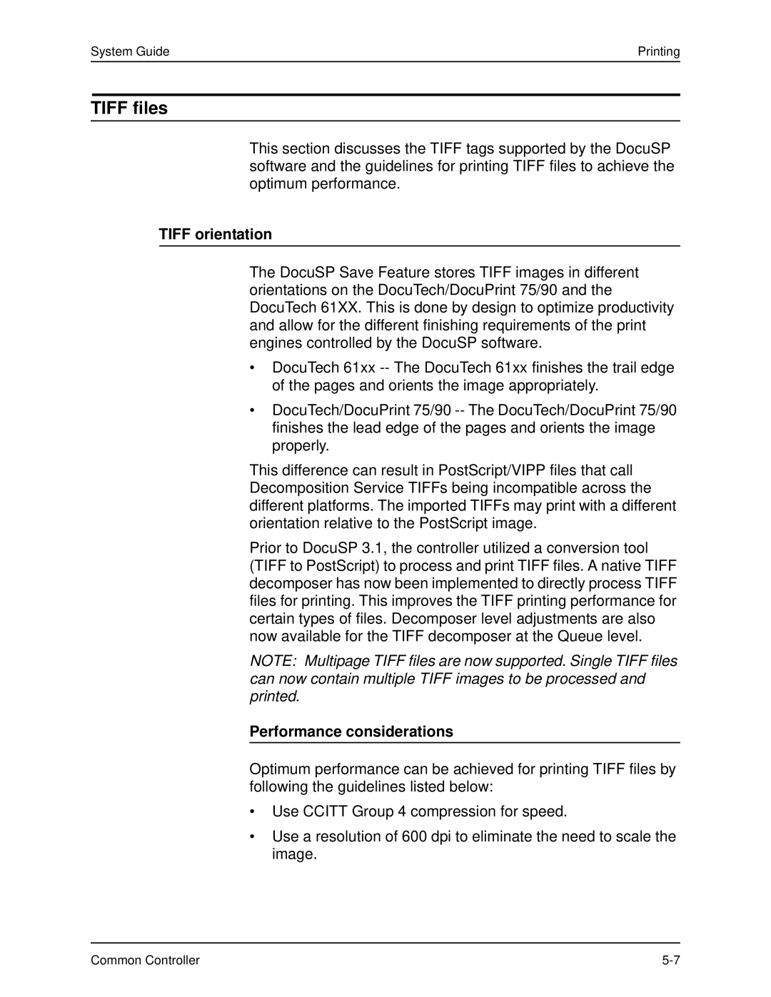 Xerox 701P40211 manual Tiff files, Tiff orientation, Performance considerations 