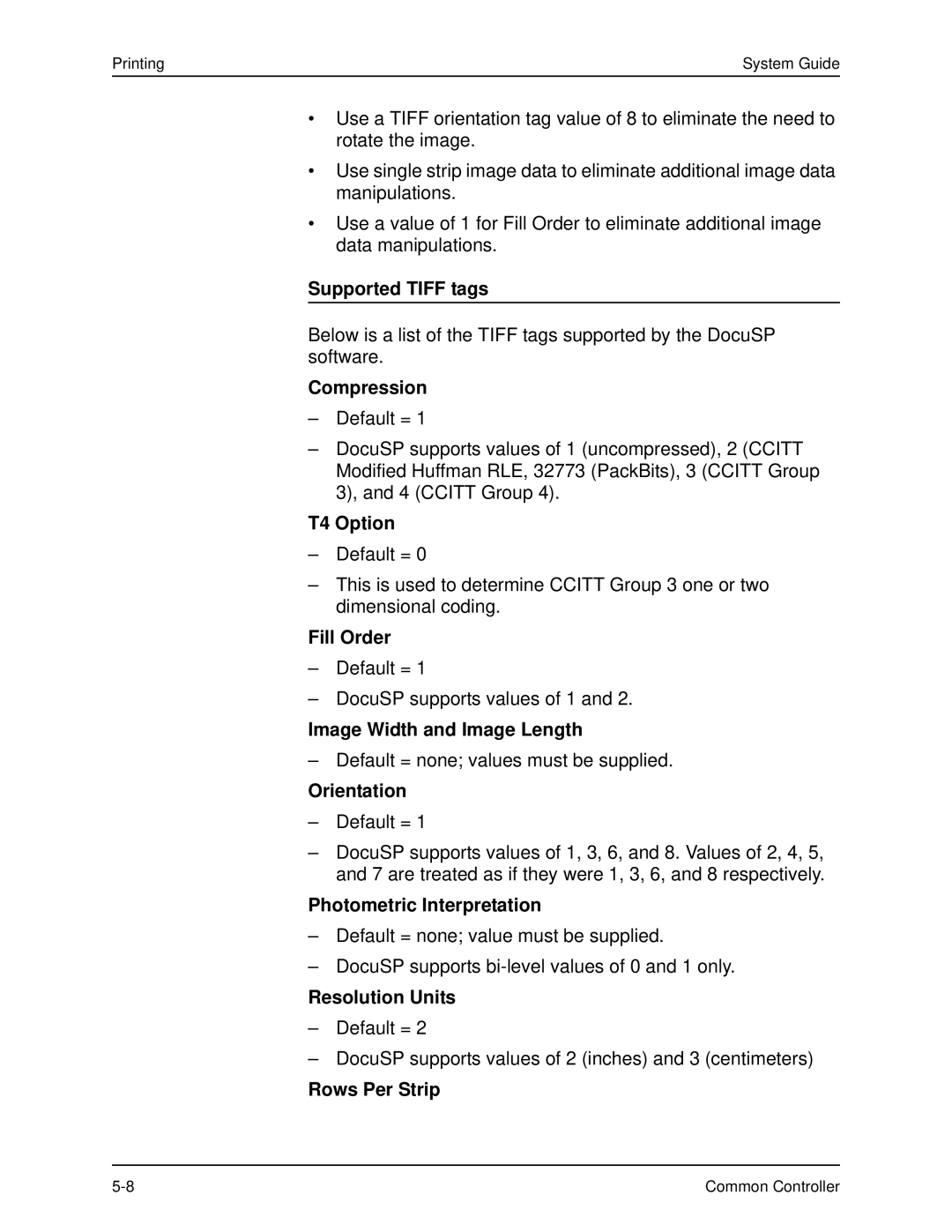 Xerox 701P40211 manual Supported Tiff tags, Compression, T4 Option, Fill Order, Image Width and Image Length, Orientation 