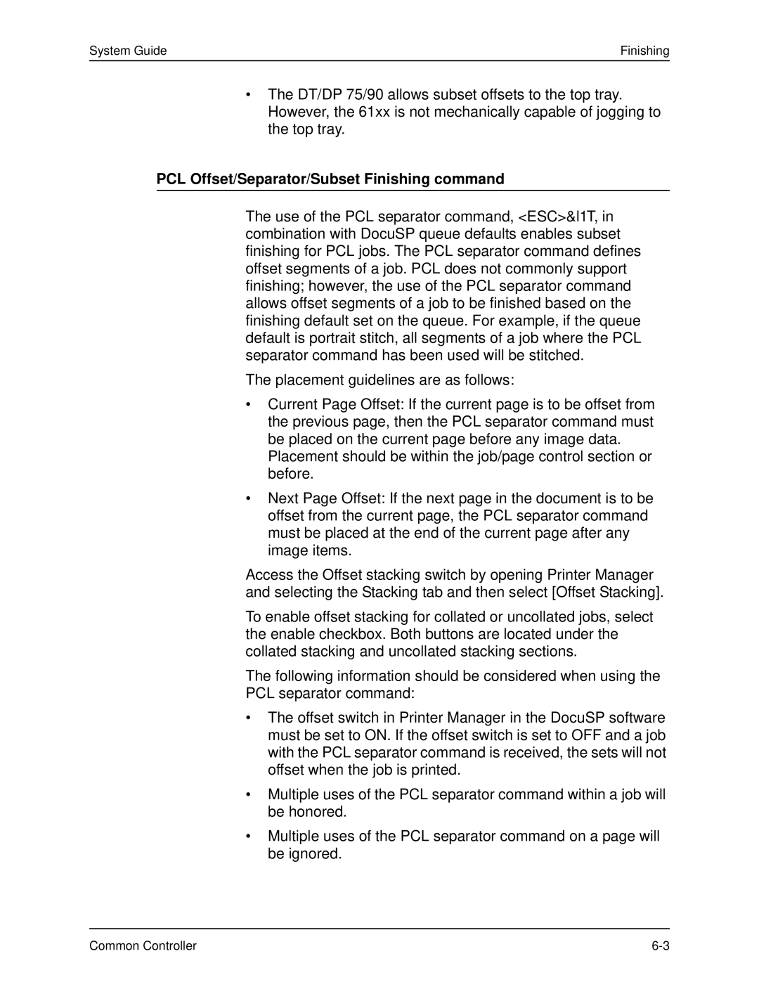 Xerox 701P40211 manual PCL Offset/Separator/Subset Finishing command 