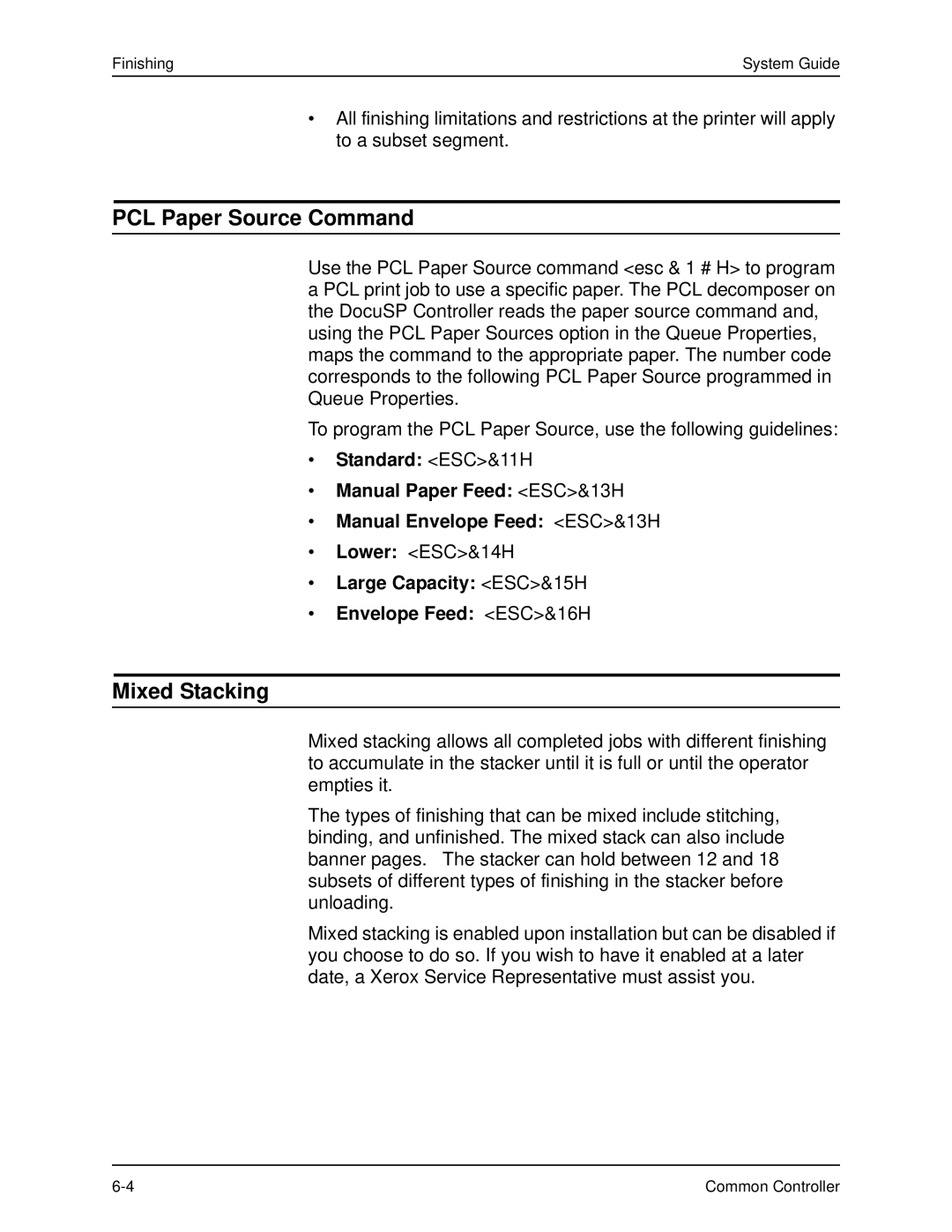 Xerox 701P40211 manual PCL Paper Source Command, Mixed Stacking, Large Capacity ESC&15H Envelope Feed ESC&16H 