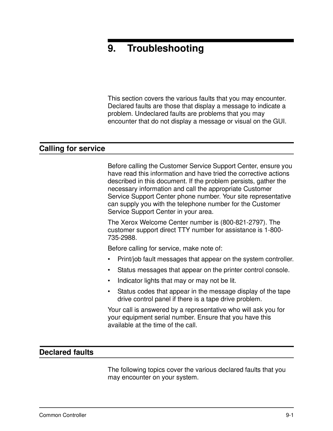 Xerox 701P40211 manual Troubleshooting, Calling for service, Declared faults 