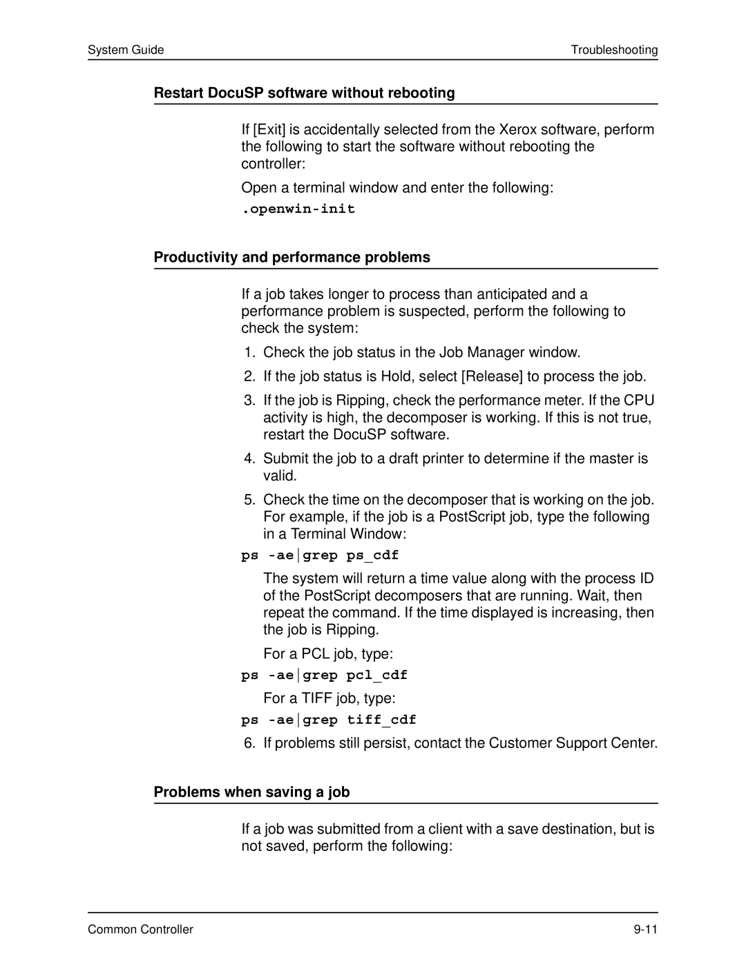 Xerox 701P40211 manual Restart DocuSP software without rebooting, Productivity and performance problems 