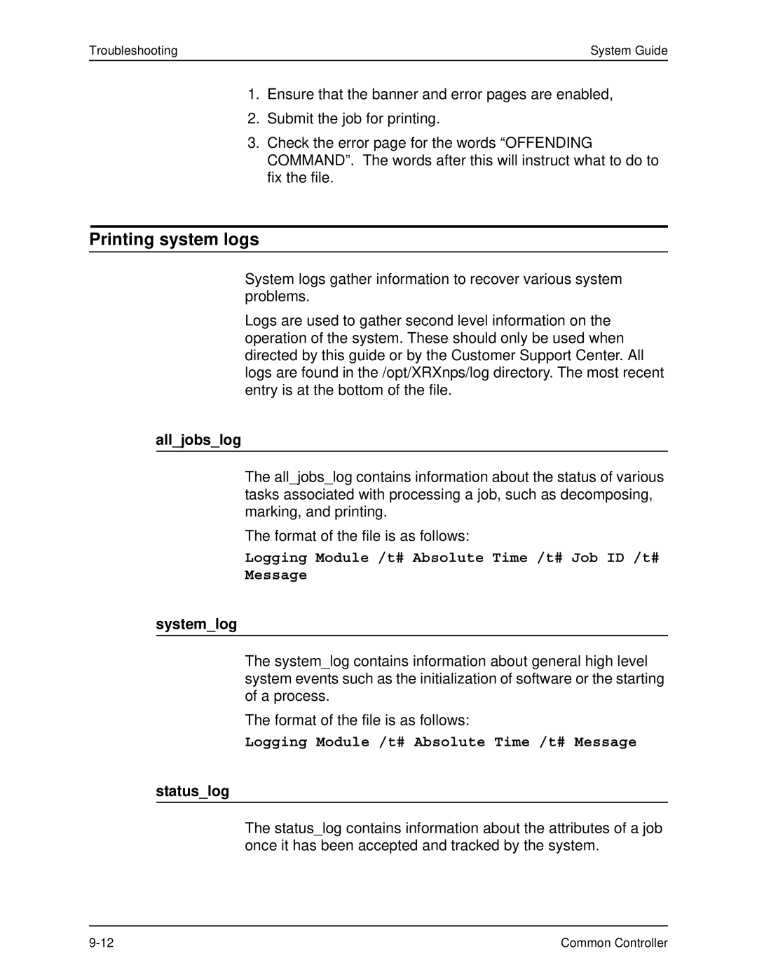 Xerox 701P40211 manual Printing system logs, Alljobslog, Systemlog, Statuslog 