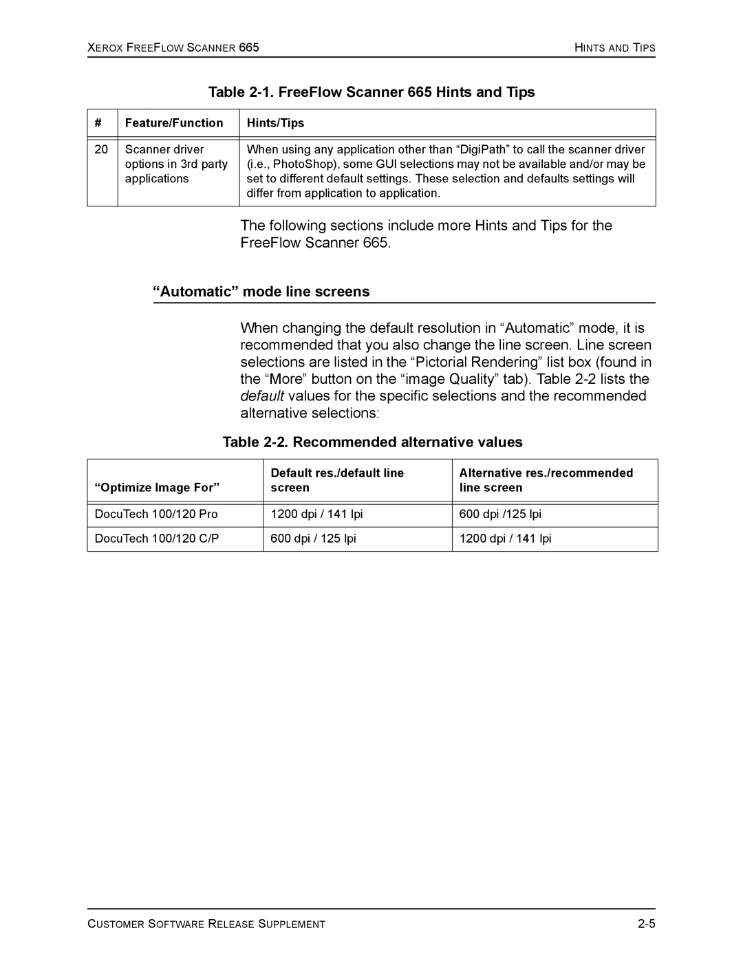 Xerox 701P41834 manual Automatic mode line screens, Recommended alternative values 