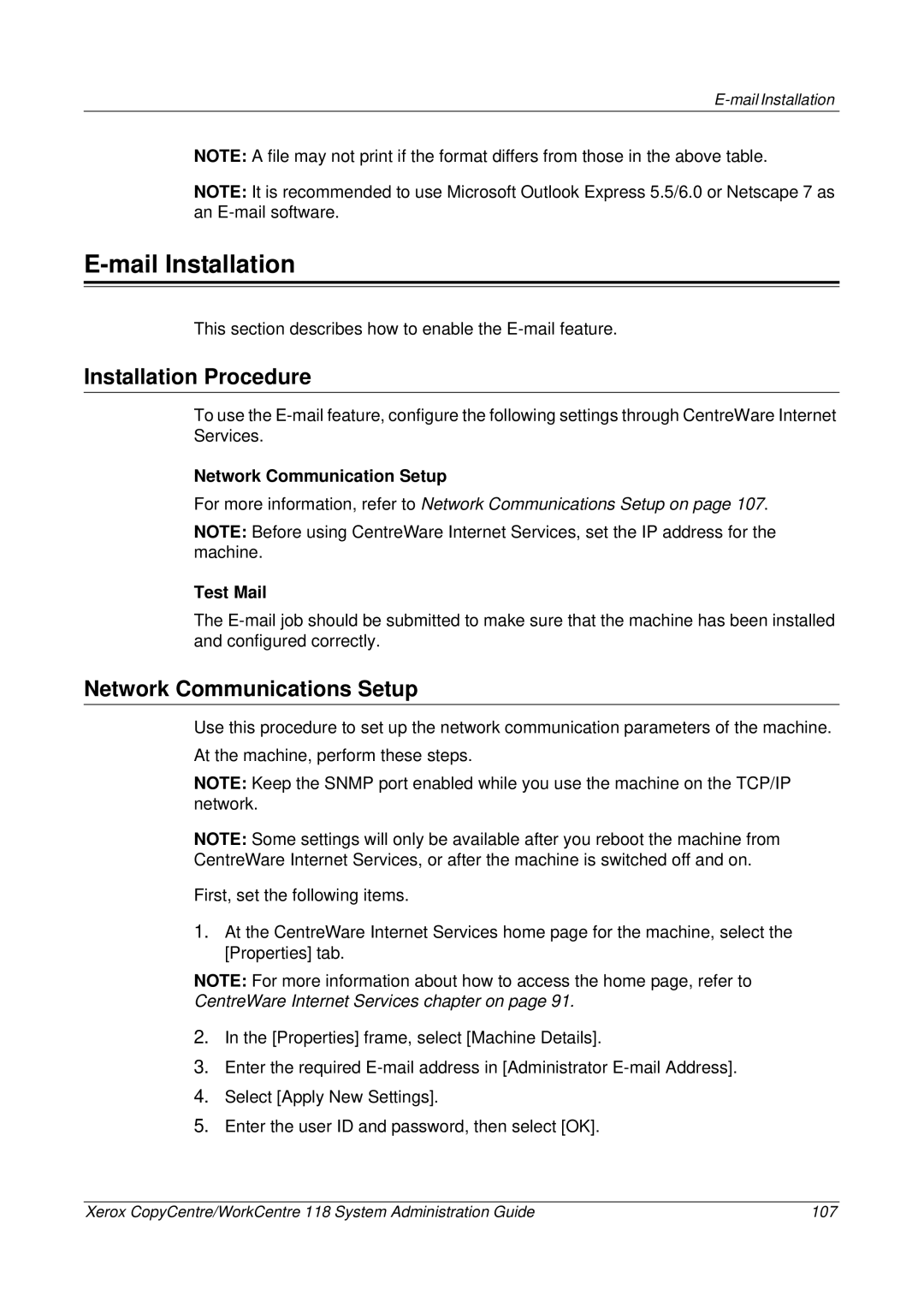 Xerox 701P42722_EN manual Mail Installation, Network Communications Setup, Test Mail 